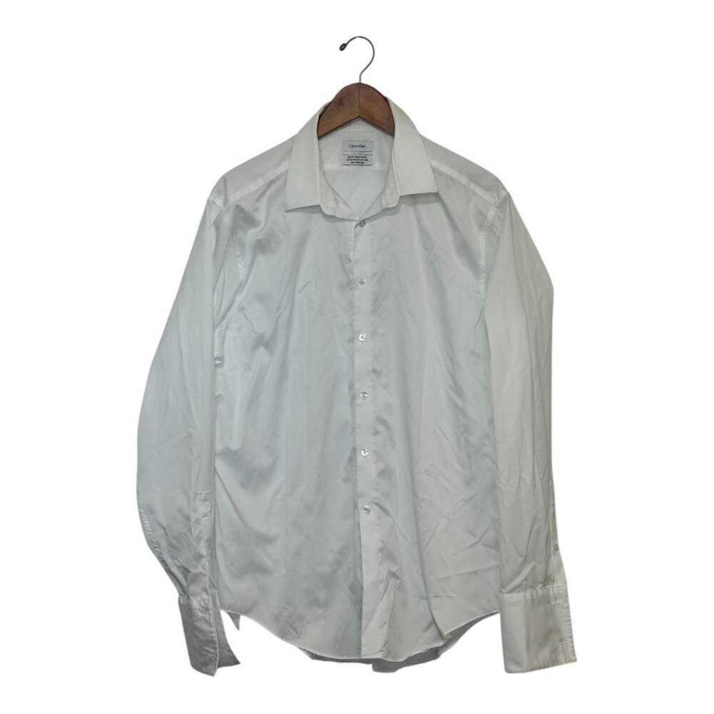 Calvin Klein Shirt Men's Size 17 34/35 White Slim Fit Performance Non Iron Cuffs